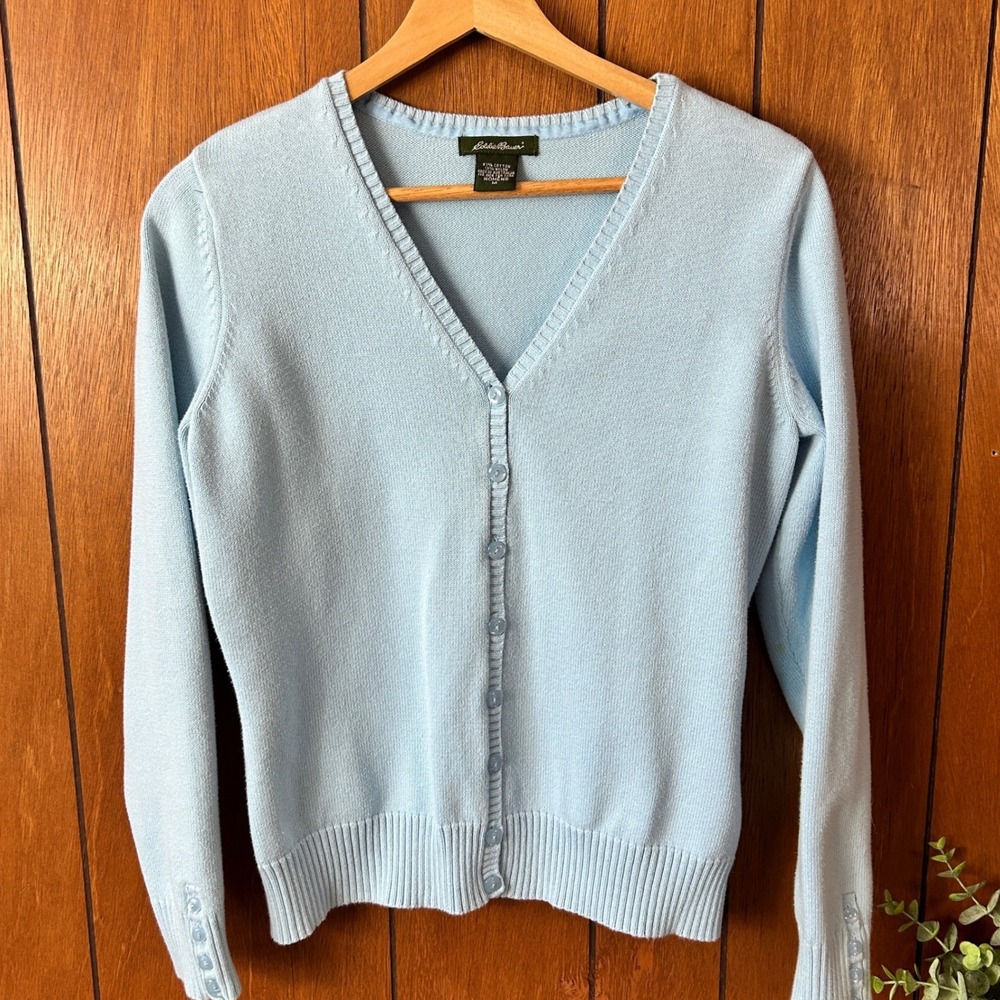 Eddie Bauer Baby Blue Button Up Cardigan Sweater Size Small Embellished Cuffs